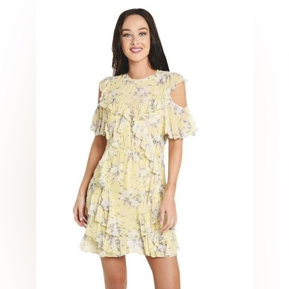 Rebecca Taylor Yellow Floral Cold Shoulder Ruffle Mini Dress